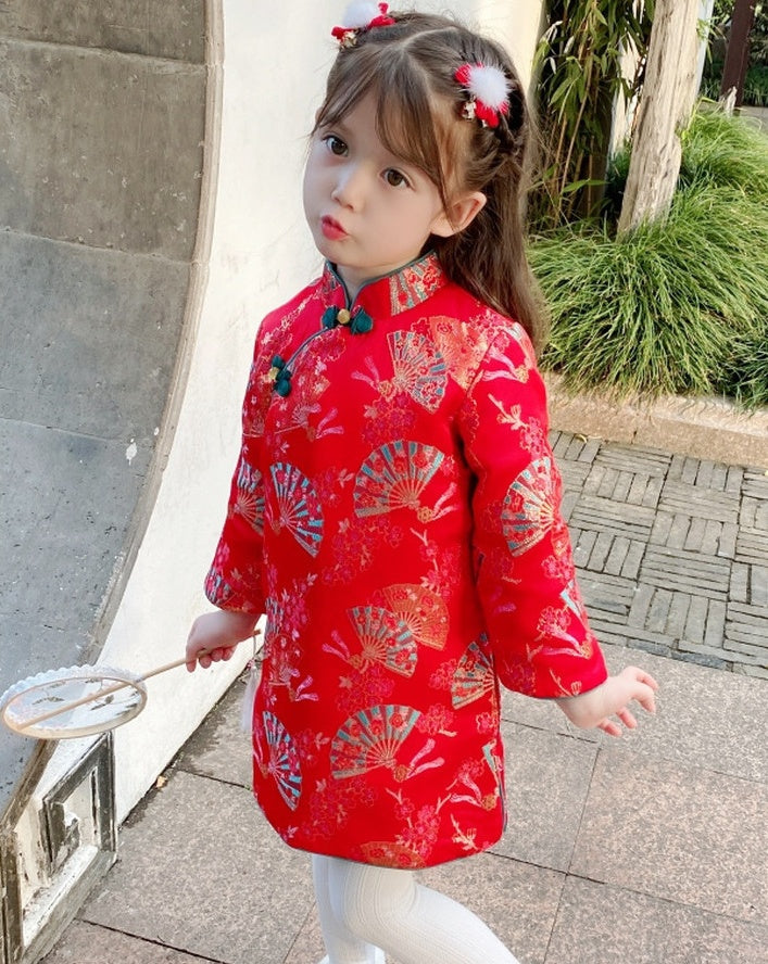 Girl's Red Long Sleeves Qipao Dress