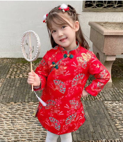 Girl's Red Long Sleeves Qipao Dress