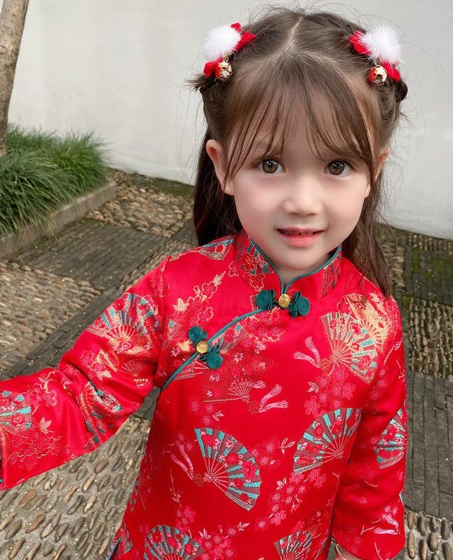 Girl's Red Long Sleeves Qipao Dress