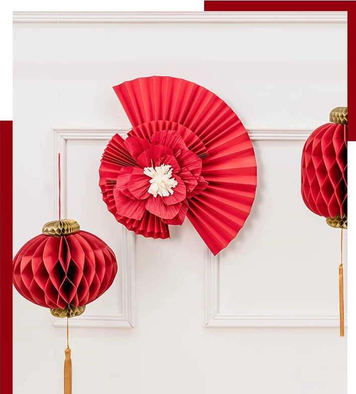 red paper fan and flower for backdrop for chinese new year decor