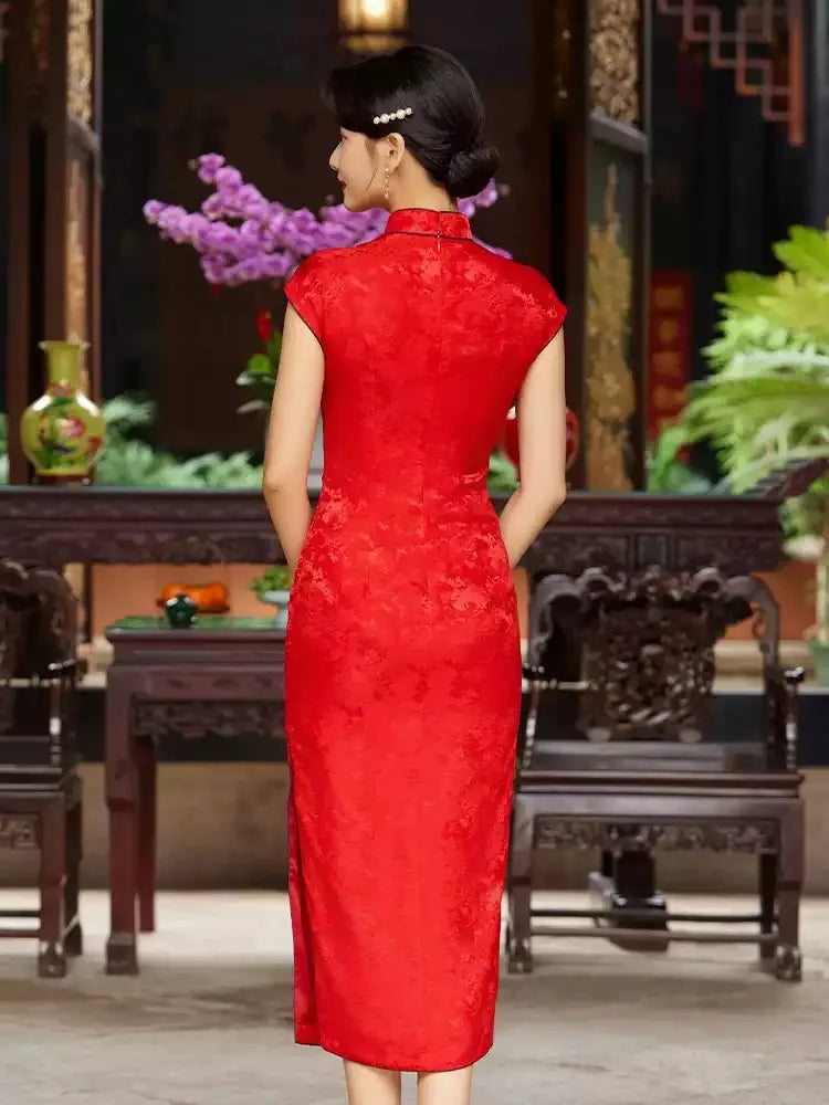 Red Mulberry Silk Floral Jacquard wedding Qipao cheongsam Dress