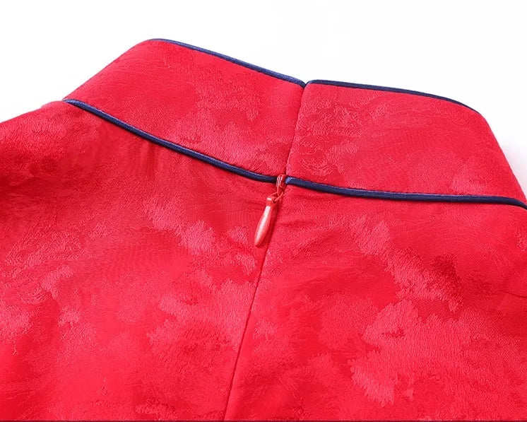 Red Mulberry Silk Floral Jacquard wedding Qipao cheongsam Dress