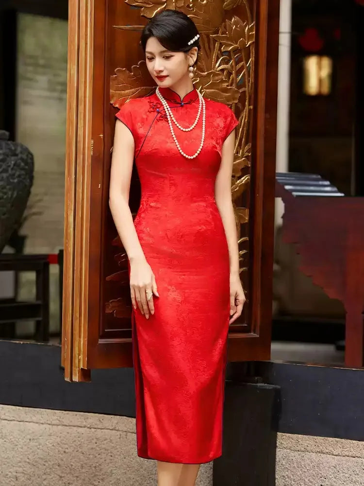 Red Mulberry Silk Floral Jacquard wedding Qipao cheongsam Dress