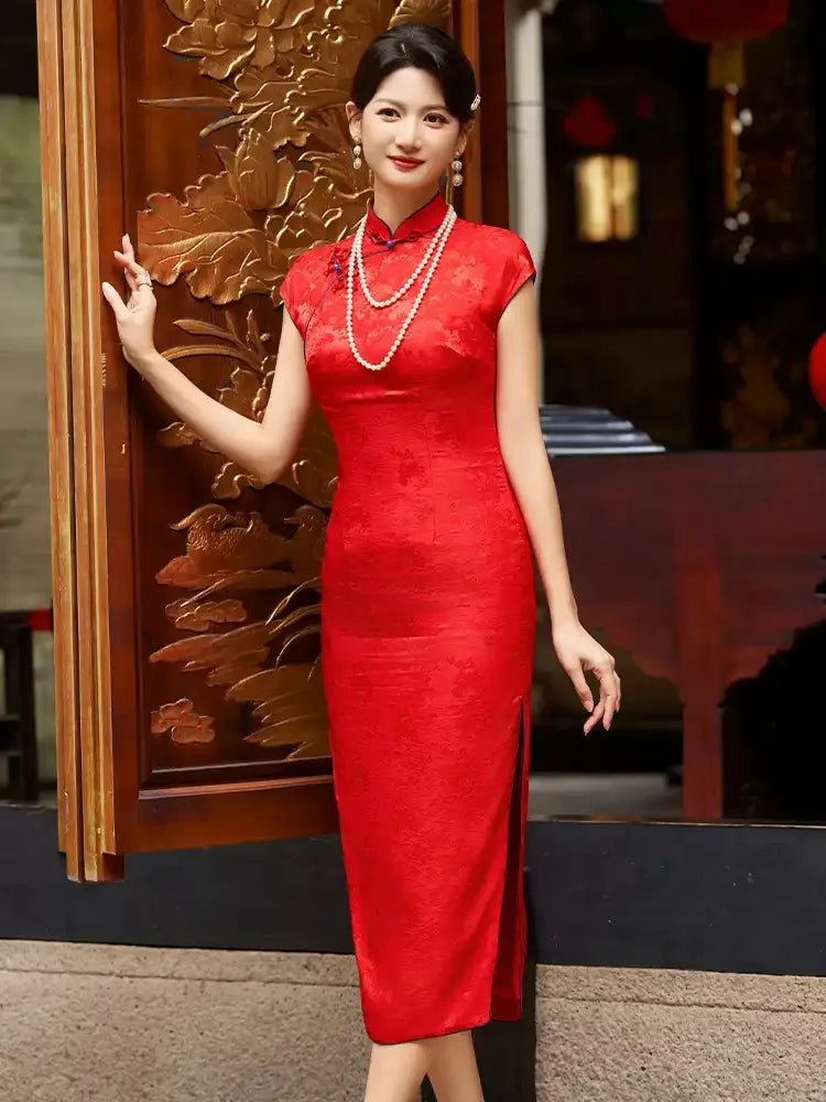 Red Mulberry Silk Floral Jacquard wedding Qipao cheongsam Dress