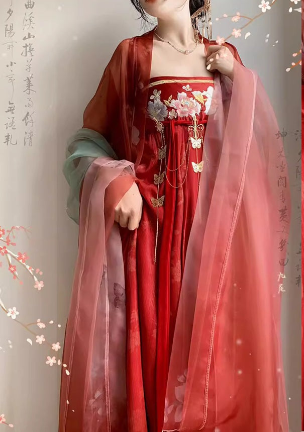 Rotes HanFu-Kleid aus der Tang-Dynastie mit Blumenmuster