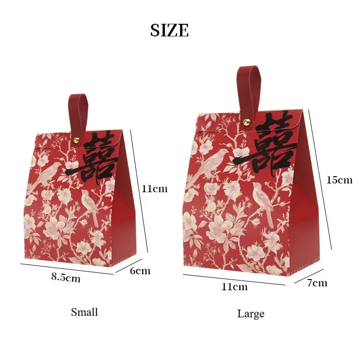 Red Retro Chinoiserie Bird & Floral Wedding Candy Gift Boxes , showing small and large sizes with measurements.