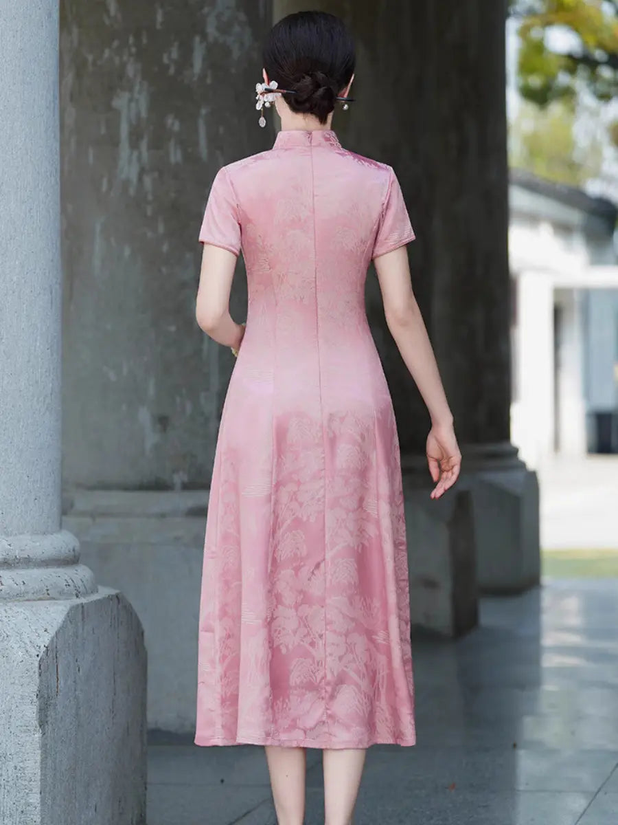 A woman viewed from behind wearing a short-sleeve  Rose Pink Landscape Jacquard Modern A Line Qipao cheongsam-style dress with a subtle tonal floral jacquard pattern, standing in a corridor between stone columns.