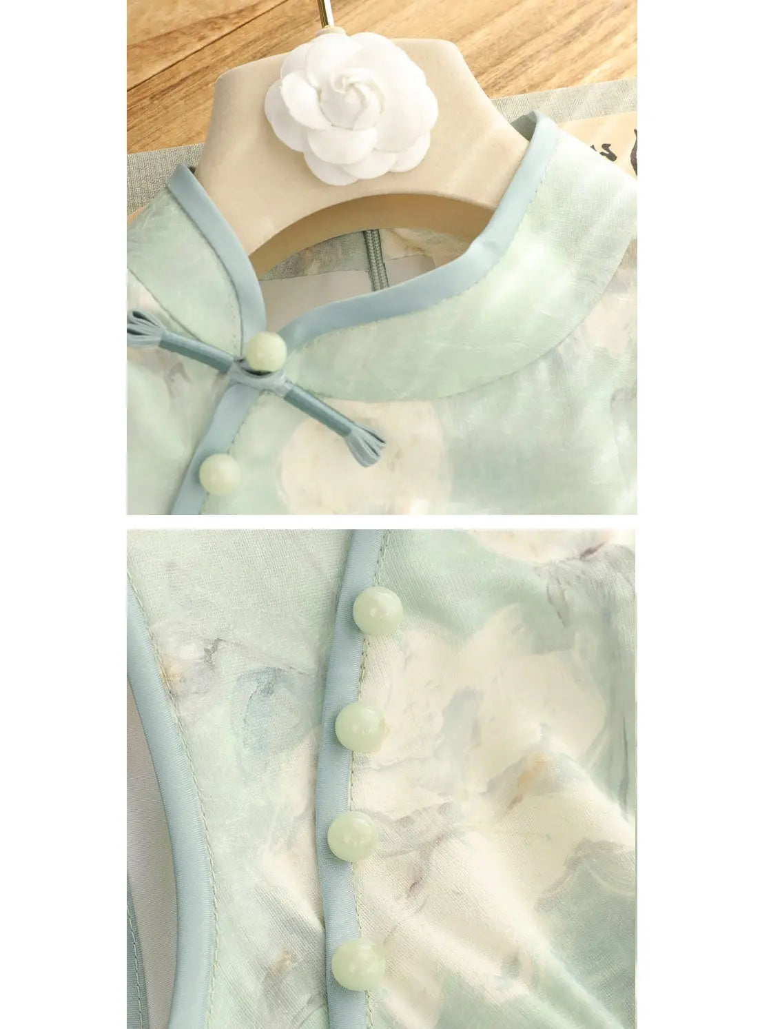 Light green traditional Sage Green Floral Neo-Chinese Sleeveless Qipao Dress outfit with floral patterns on a wooden surface