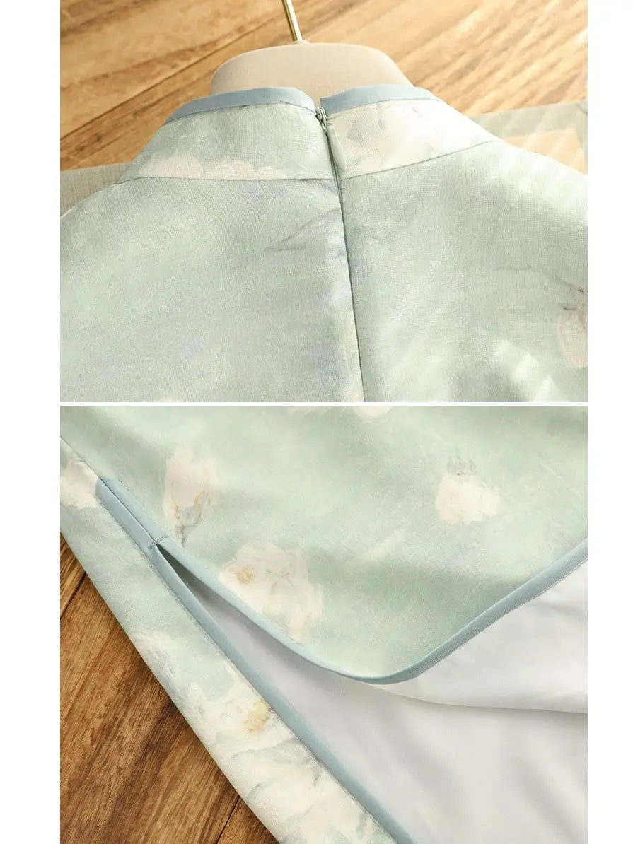 Sage Green Floral Neo-Chinese Sleeveless Qipao Dress  with bear pattern on a wooden surface
