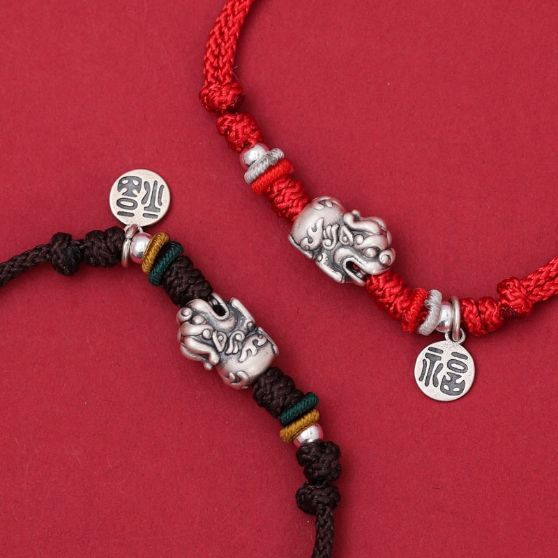 Silver Pixiu Fengshui Luck Wealth Braided Bracelet