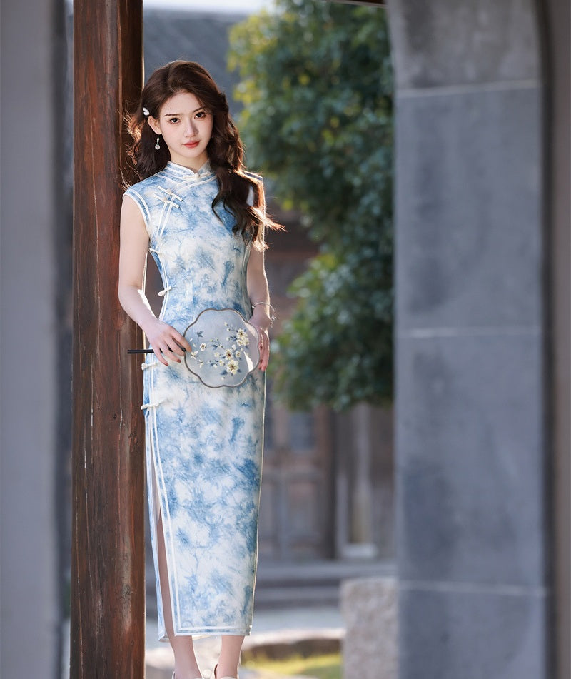 Sky blue and white Sleeveless Qipao Dress