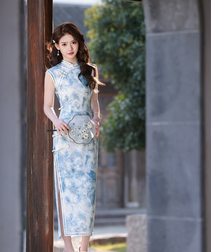 Sky blue and white Sleeveless Qipao Dress