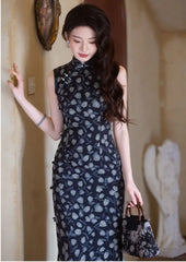 Sleeveless Navy Blue Foral Print Cheongsam