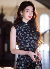 Sleeveless Navy Blue Foral Print chinese qipao dress