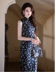 traditional Chinese Sleeveless Navy Blue Foral Print cheongsam dress