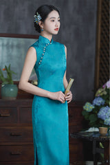 Sleeveless Teal Blue cheongsam Dress with Pearl Buttons