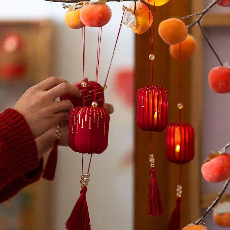 Small Festive Red Fabric Lantern with LED Light and Tassels for chinse new year, wedding, festivals