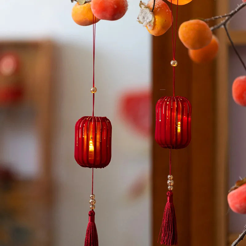Small Festive Red Fabric Lantern with LED Light and Tassels for chinse new year, wedding, festivals