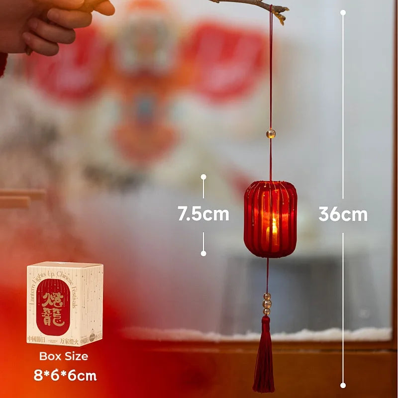 Small Festive Red Fabric Lantern with LED Light and Tassels for chinse new year, wedding, festivals