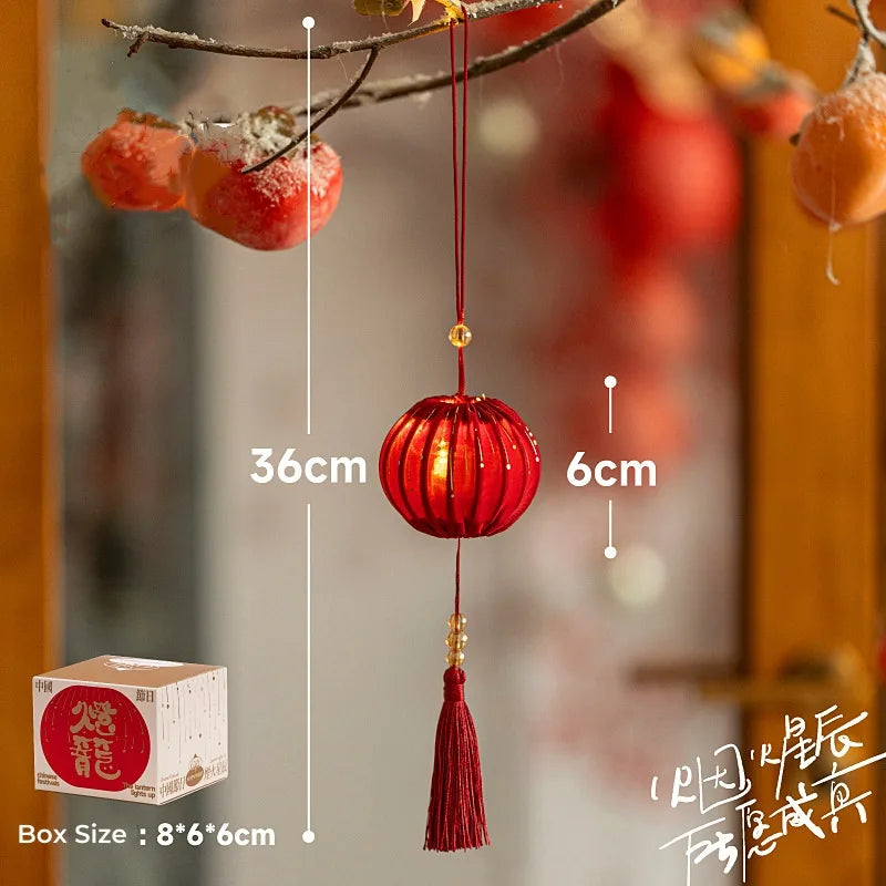 Small Festive Red Fabric Lantern with LED Light and Tassels for chinse new year, wedding, festivals