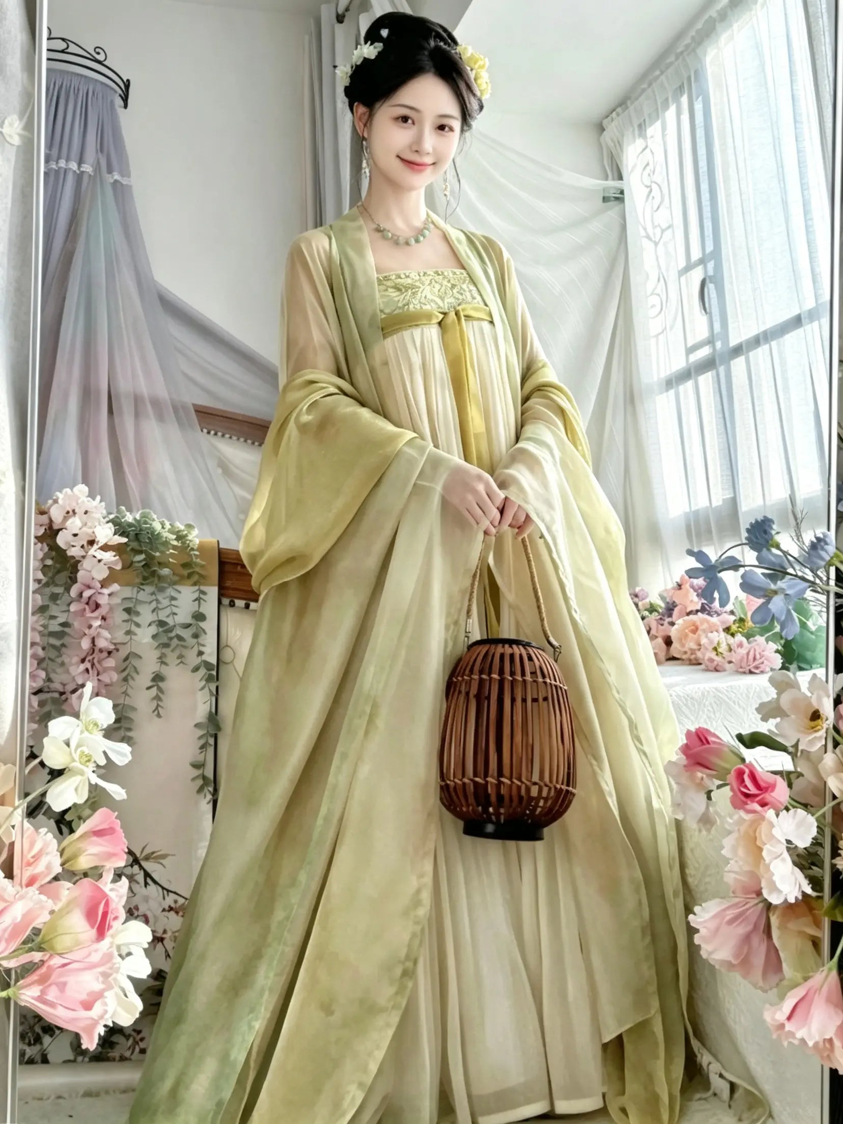 A woman wearing a flowing pale yellow-green Hanfu-style dress with wide sleeves and a matching sash, holding a small woven lantern in a decorated indoor setting with flowers and sheer curtains.