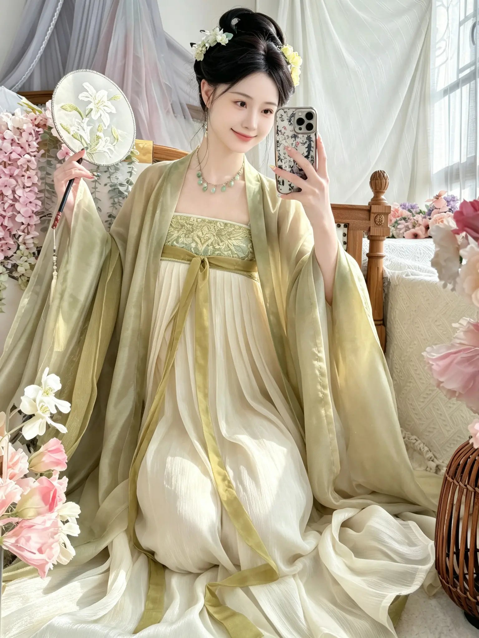 A woman takes a mirror selfie wearing a traditional Chinese tang dynasty Hanfu dress in a soft beige and olive green color palette, styled with a matching sheer outer layer, holding a decorative fan, and surrounded by pink flowers.