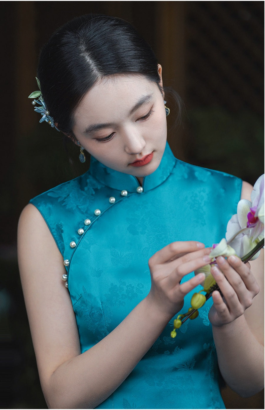 Teal Blue Floral Vintage jacquard qipao dress