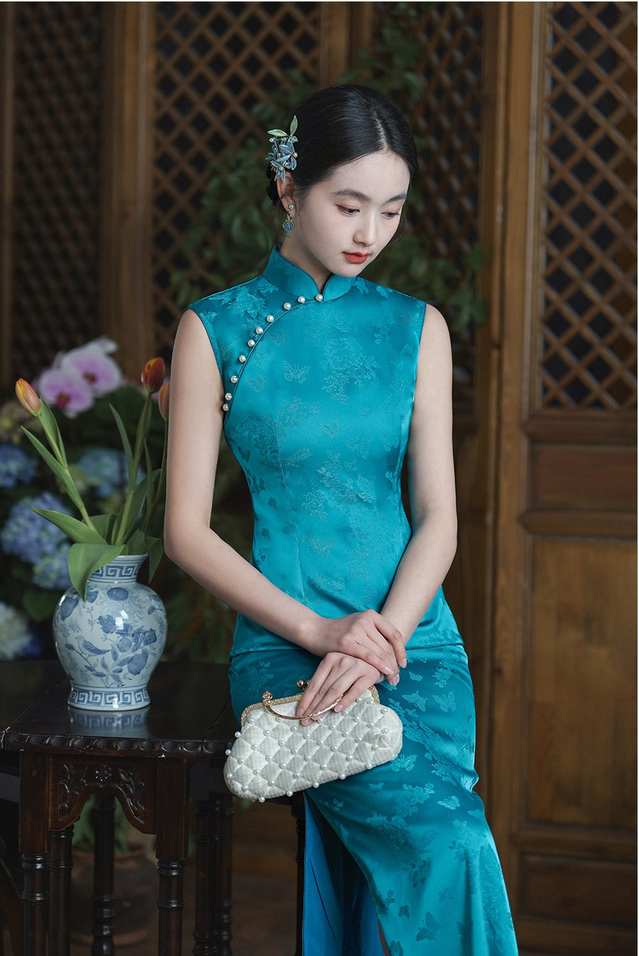 Teal Blue Floral  brocade cheongsam dress