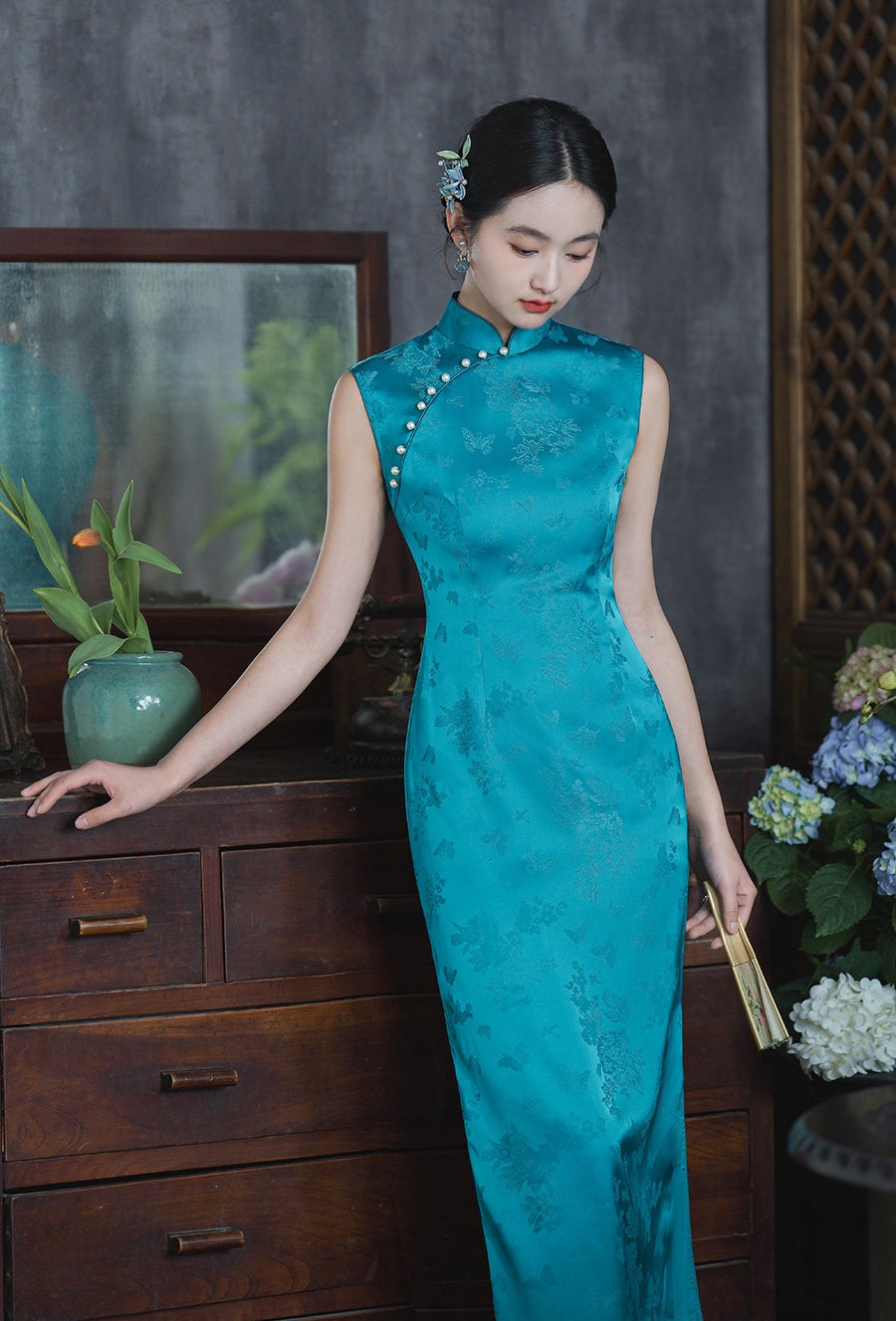 Teal Blue Floral Vintage jacquard qipao dress