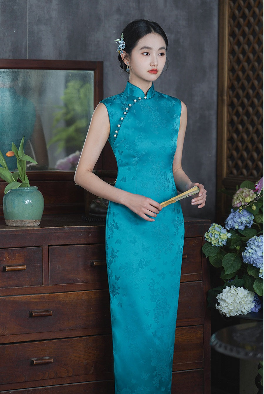 Teal Blue Floral  brocade qipao dress