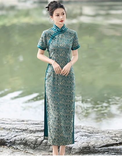 Teal Foral Long Cheongsam Qipao Dress