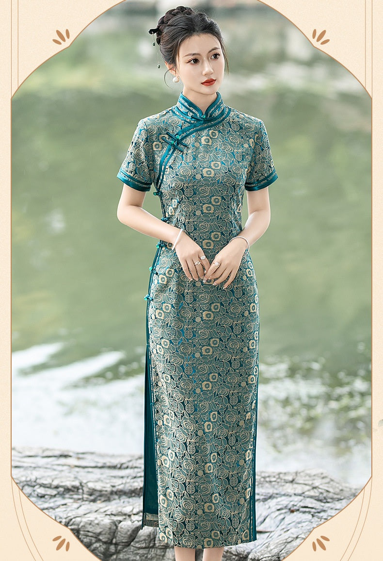 Teal Foral Long Cheongsam Qipao Dress