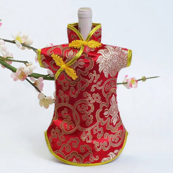 Traditional Chinese Cheongsam Dress red gold Brocade Wine Bottle Cover  on a white background