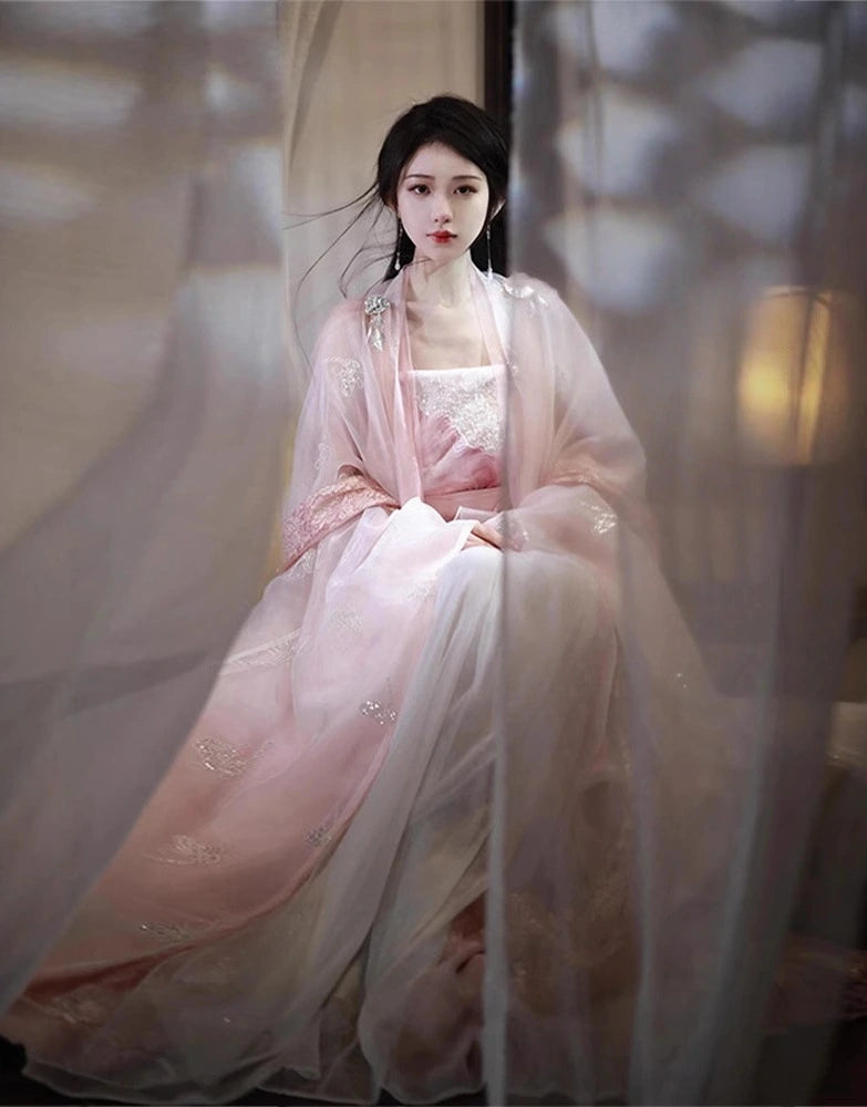 Woman in a tTraditional Chinese Clothing - Pink Song Dynasty Hanfu Dress with a blurred background