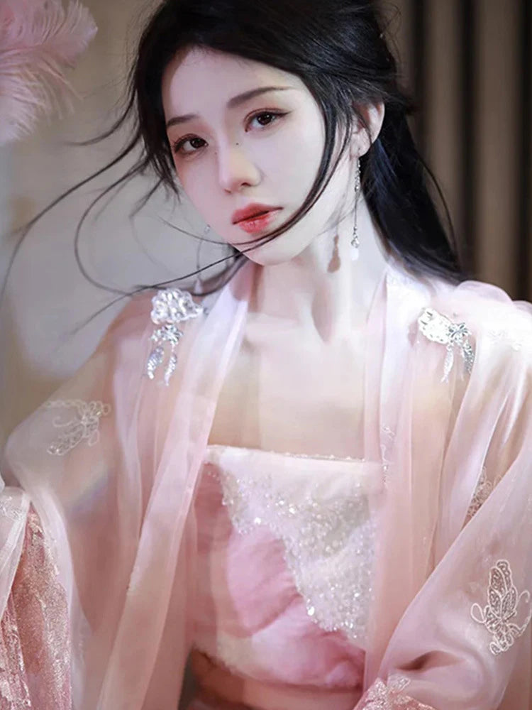 a girl wearing a Traditional Chinese Clothing - Pink Song Dynasty Hanfu Dress with intricate designs