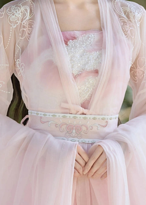 Delicate pink dress with floral embroidery and sheer sleeves.
