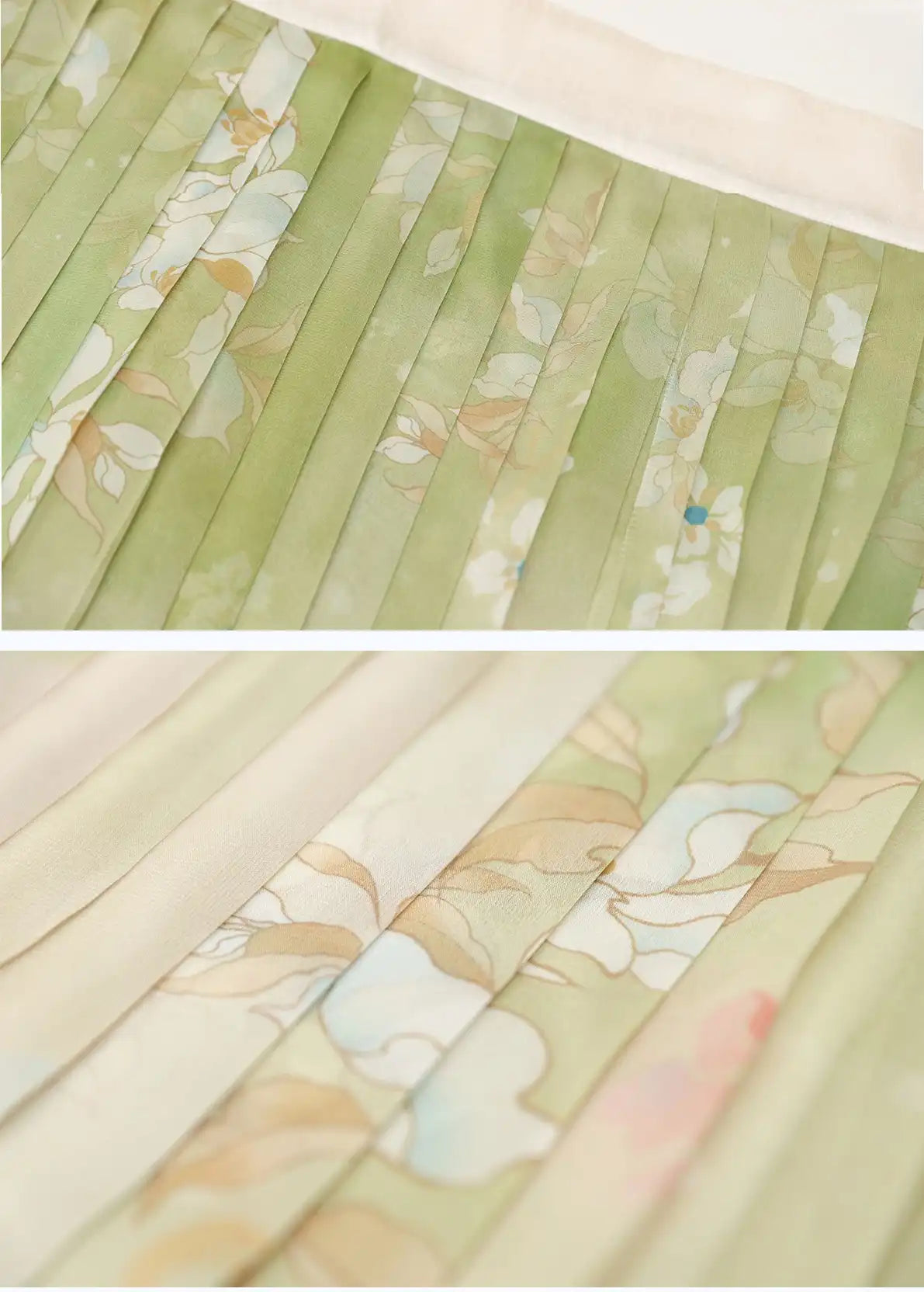 Close-up of pleated fabric with floral pattern in green and beige tones.