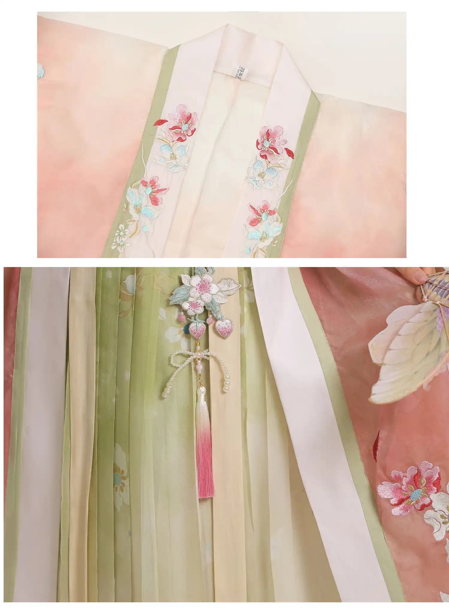 Traditional chinese garment with floral embroidery and ribbons on a plain background
