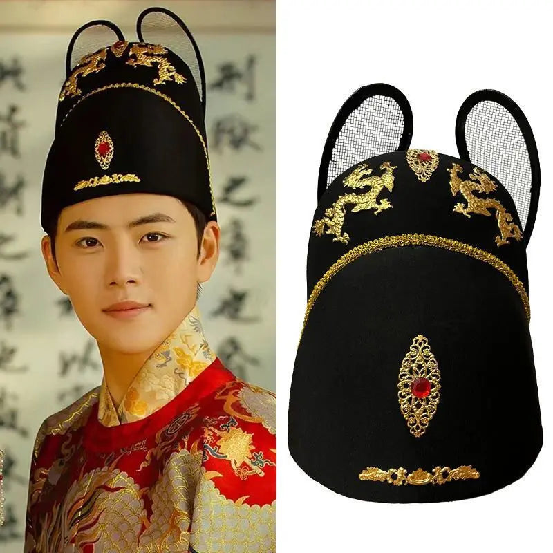 Traditional Chinese Ming Dynasty Black Wusha Hanfu  Hat with intricate designs on a white background