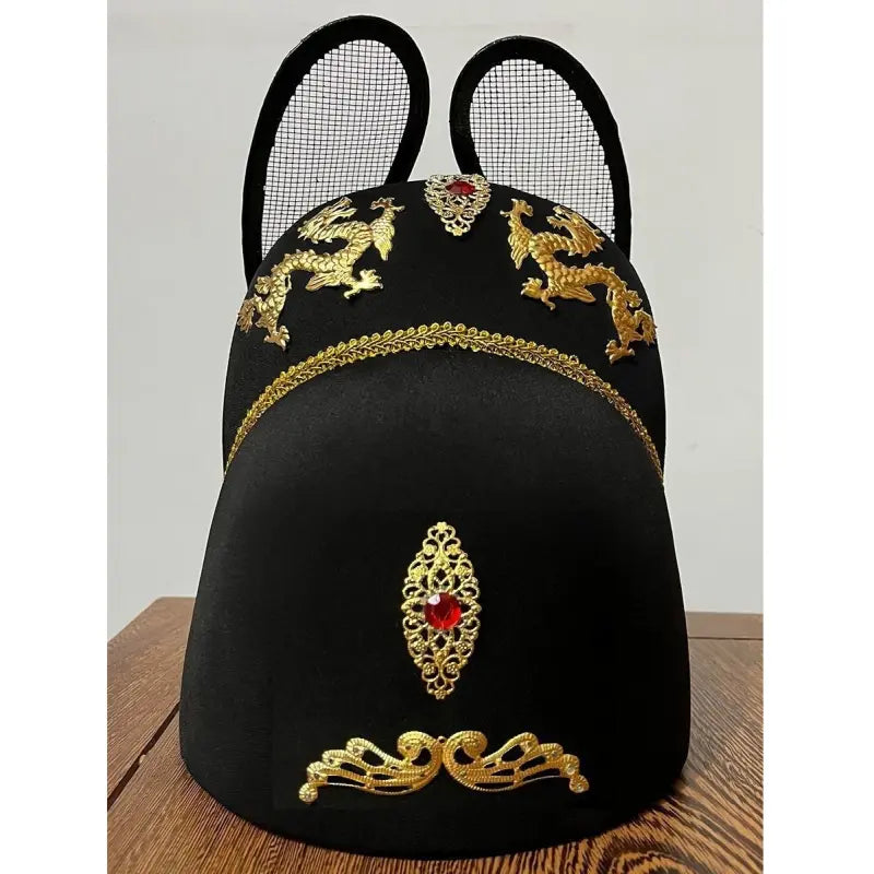 Traditional Chinese Ming Dynasty Black Wusha Hanfu  Hat  on a wooden surface