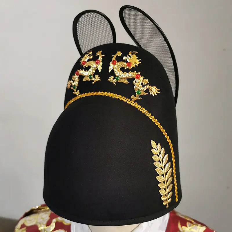 Traditional Chinese Ming Dynasty Black Wusha Hanfu  Hat with  decorative elements on a mannequin head against a plain background