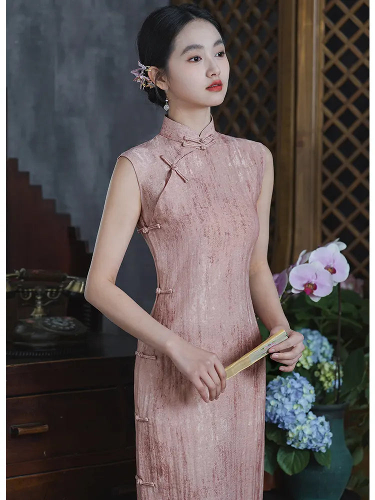 Woman in a Traditional Chinese  Pastel Pink Sleeveless Qipao Dress holding a fan, with a decorative background