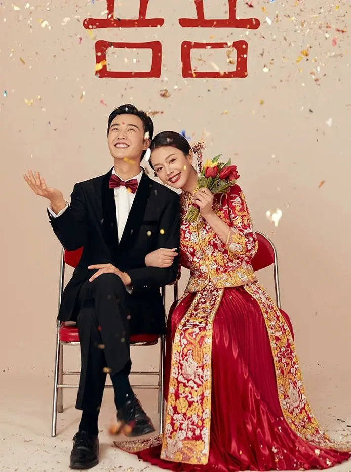 Traditional Chinese Red Bridal  dragon pheonix Qun Kwa Dress
