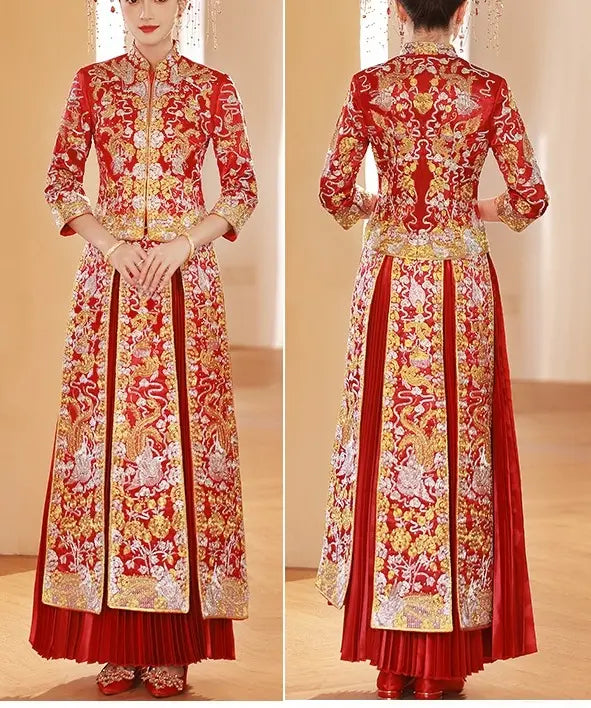 Traditional Chinese Red Bridal  dragon pheonix Qun Kwa Dress