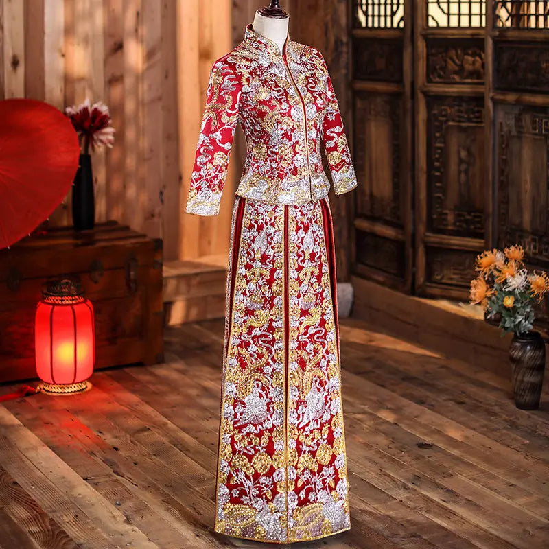 Traditional Chinese Red Bridal  dragon pheonix Qun Kwa Dress