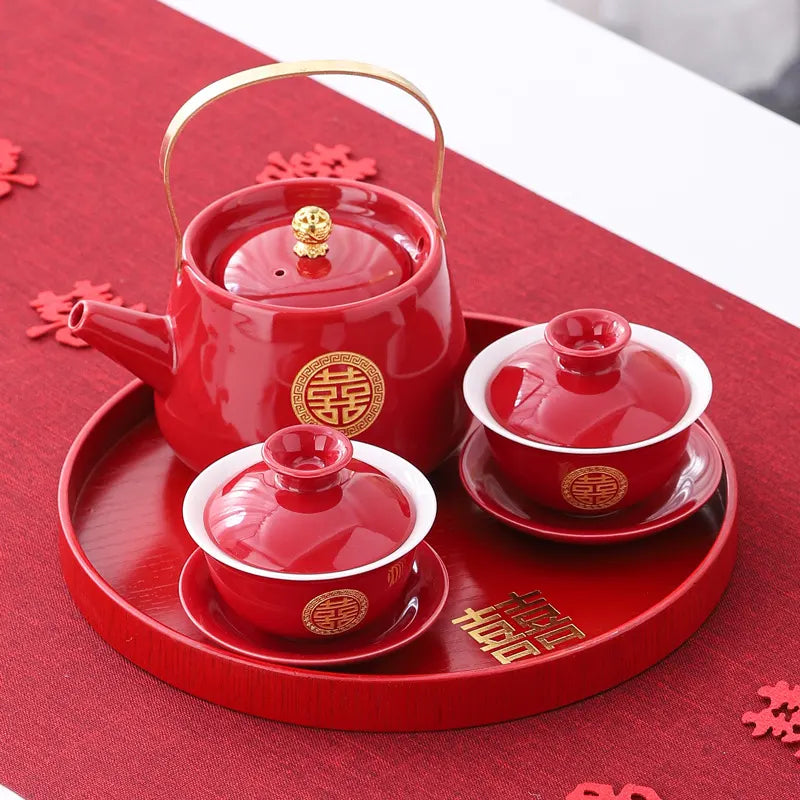 Traditional Chinese Red and gold Double Happiness Wedding Tea Set on a red tray