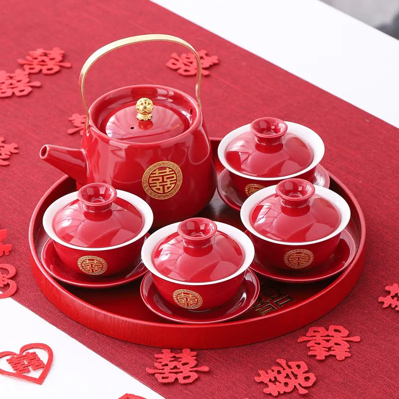 Traditional Chinese Red  Double Happiness Wedding Tea Set on a red tray, featuring Chinese characters.