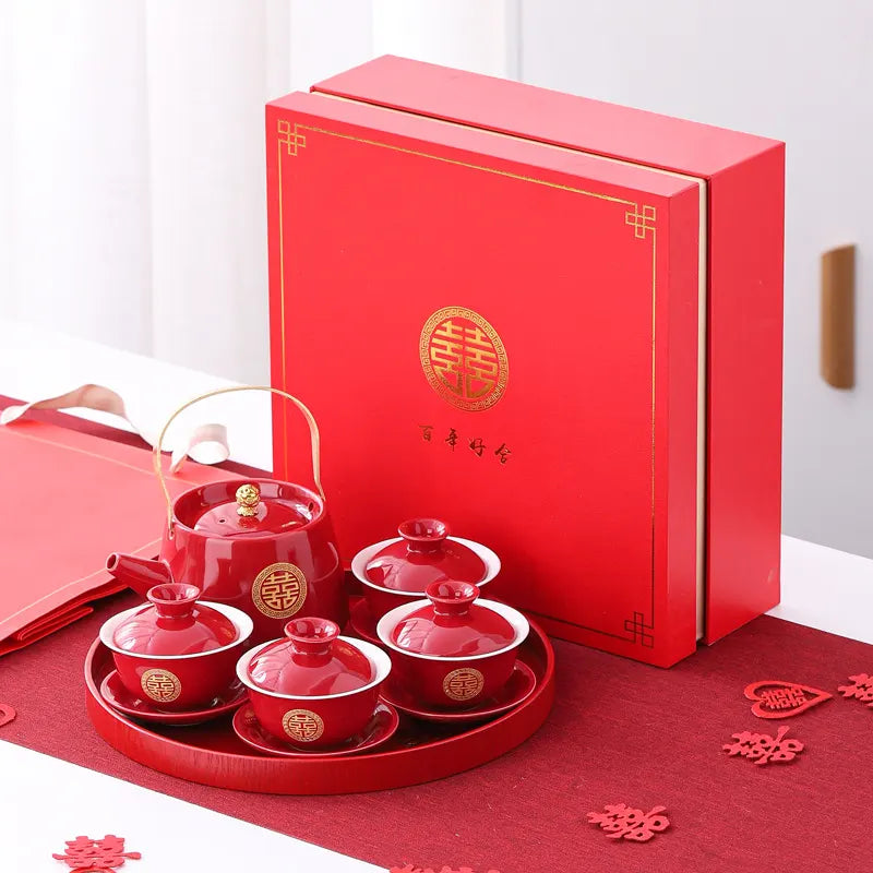 Traditional Chinese Red  Double Happiness Wedding Tea Set   with matching box on a red surface