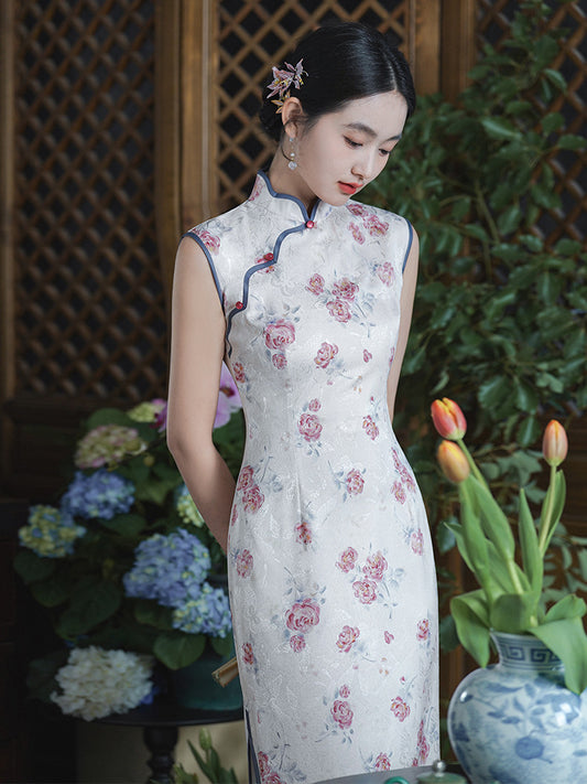 Traditional Chinese Sleeveless Floral Qipao Dress for summer
