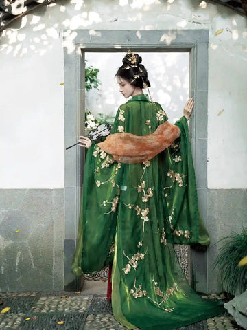 a chinese girl in Traditional Chinese Tang Dynasty Green Hanfu Dress with floral patterns standing in a doorway.